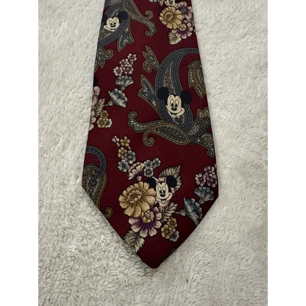 Vintage Walt Disney Men's Tie Mickey & Minnie Mouse Paisley & Floral Dark Red